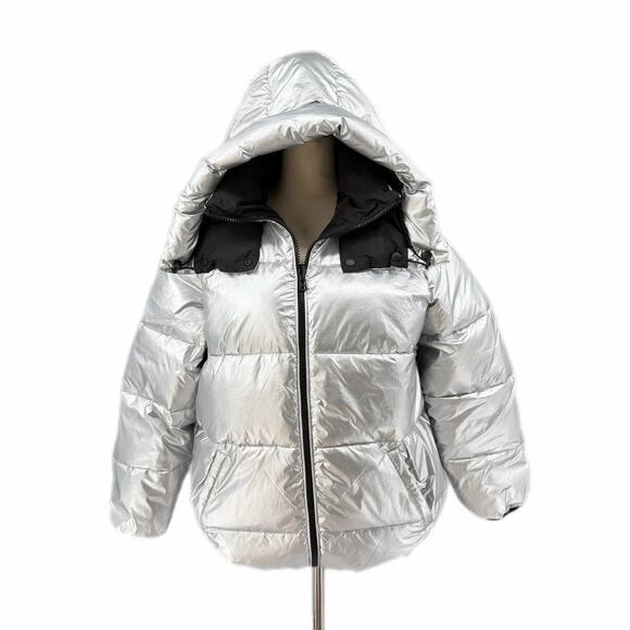 Express NWT Metallic Silver Reversible Black Hooded Full Zip Shiny Puffer Coat - Picture 4 of 13